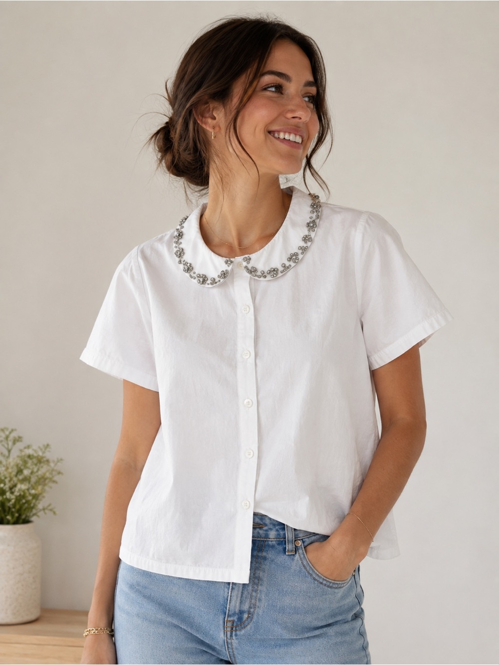 Lucky Brand White Short-Sleeve Button-Down Top with Jeweled Peter Pan Collar